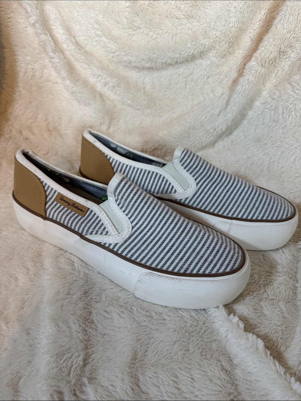 Tommy Bahama Gray Striped Slip-On Sneakers with Tan Heel